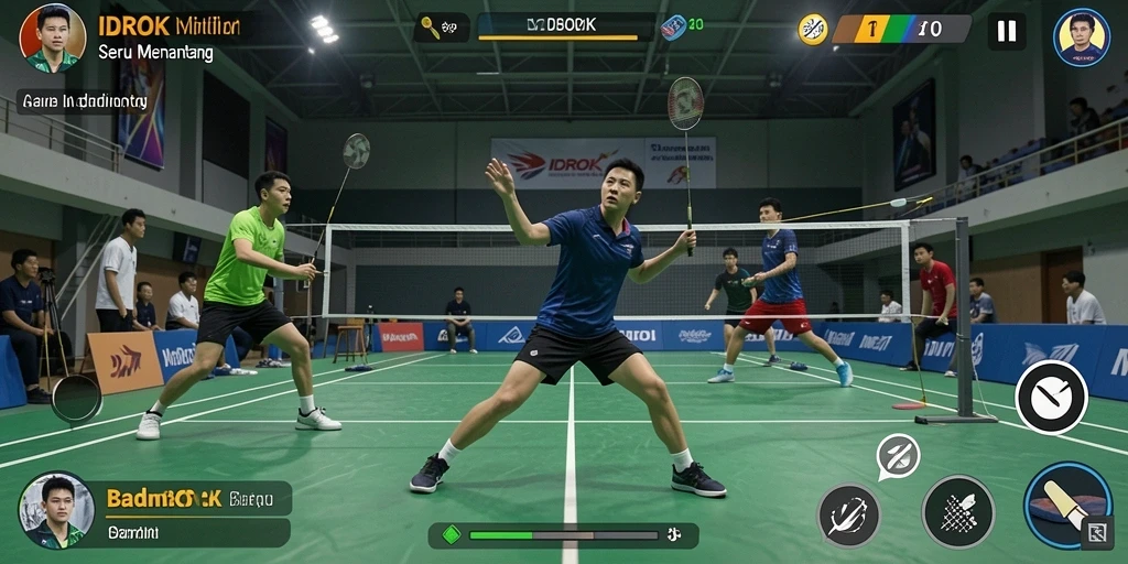 Tampilan antarmuka game Badminton IDROK menunjukkan grafis yang memukau.